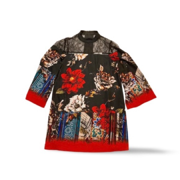 Nicole Miller Bell Sleeve Mock Neck Floral Print Dress - Size 12 - Picture 5 of 14